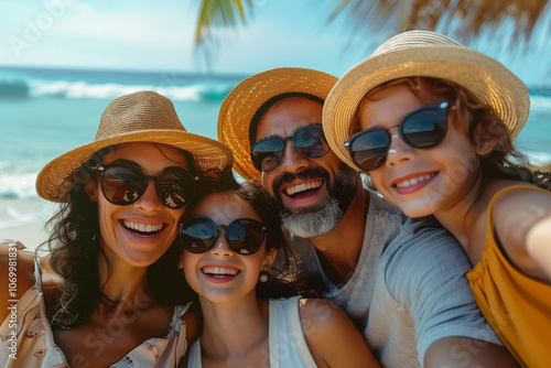 A cheerful family of four enjoying a sunny beach vacation together, smiling and wearing hats