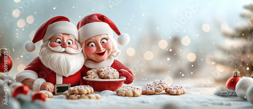 Santa and Mrs. Claus Enjoying Christmas Cookies.