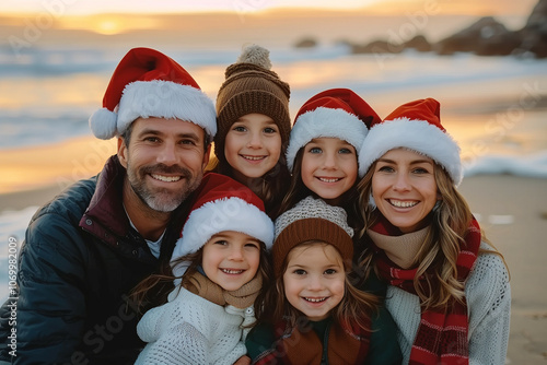 A Joyful Family Christmas Portrait at the Beach with Parents and Three Children Wearing Santa Hats During Sunset