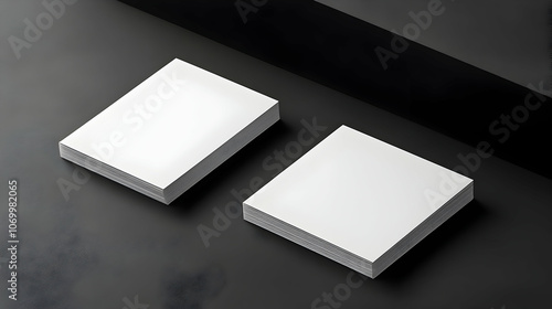 Two stacks of blank white paper on a black background.