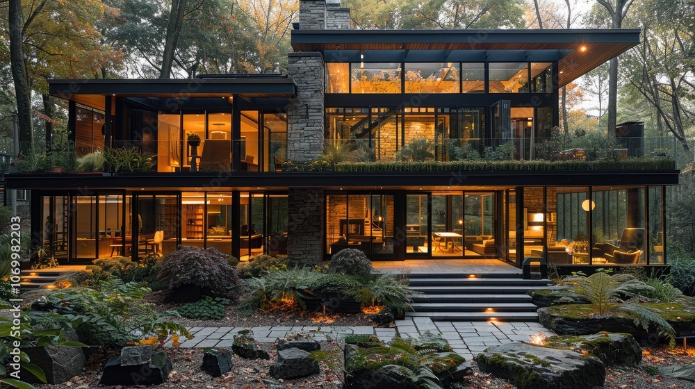 Modern residence in the woods, timber and windows, greenhouse on second floor that connects to planted roof and also connected to interior atrium, large windows for amazing viewing. Modern residence in the woods, timber and windows, greenhouse on second floor that connects to planted roof and also connected to interior atrium, large windows for amazing viewing.