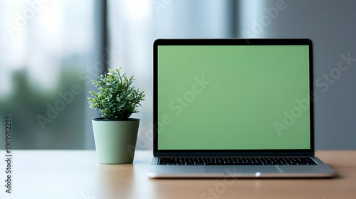 Mockup of a green screen laptop placed on a table. Skyscraper background