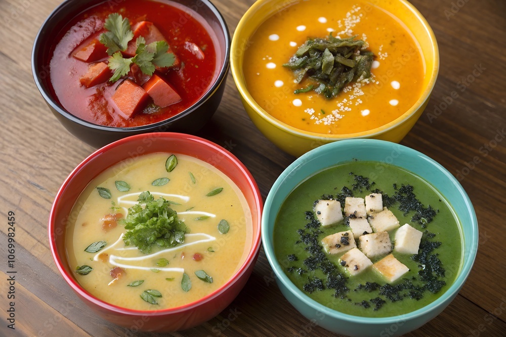 Four vibrant bowls of various delicious soups, each with unique ingredients and colors, presented in a visually appealing layout. Four vibrant bowls of various delicious soups, each with unique ingredients and colors, presented in a visually appealing layout.