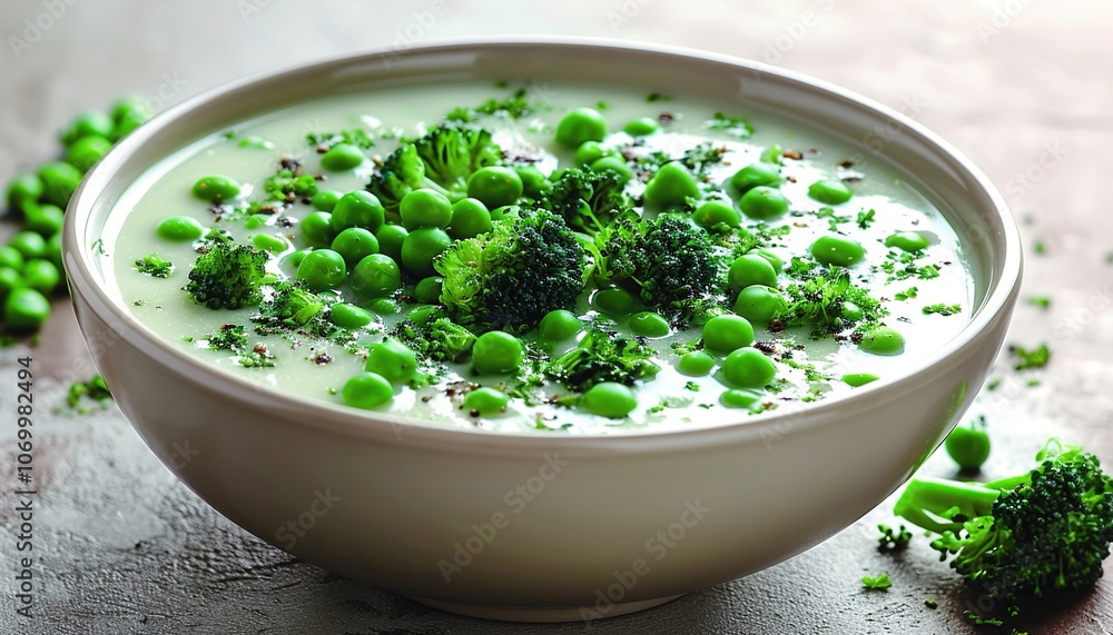 Bowl of broccoli and green peas cream soup Bowl of broccoli and green peas cream soup