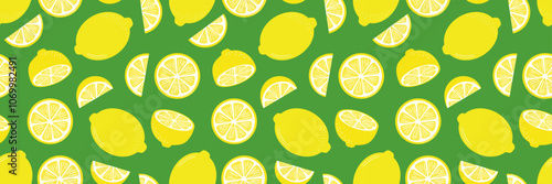 Lemon pattern banner, vector background with fruit illustrations, summer horizontal background design