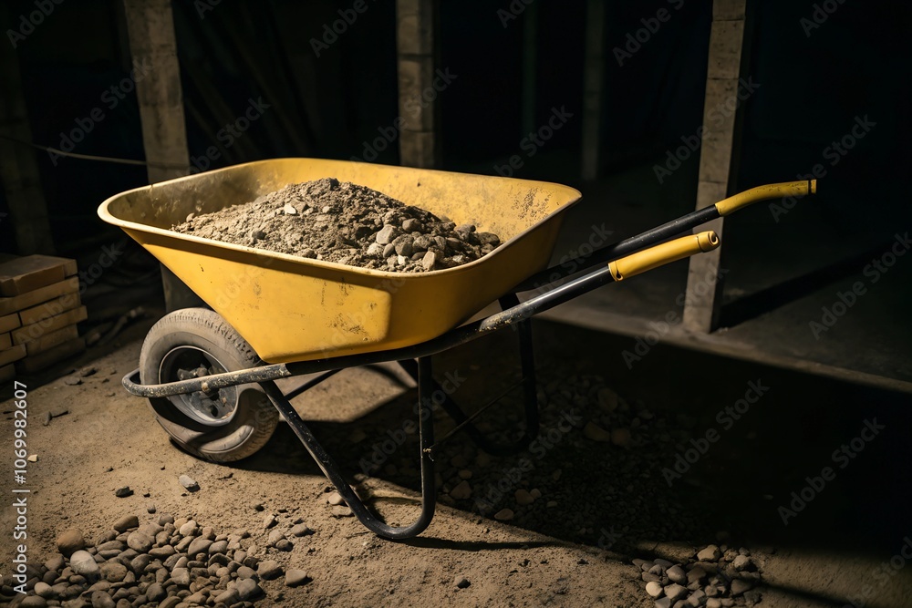 A Yellow Wheelbarrow Filled With Gravel In A Dark Room A Yellow Wheelbarrow Filled With Gravel In A Dark Room