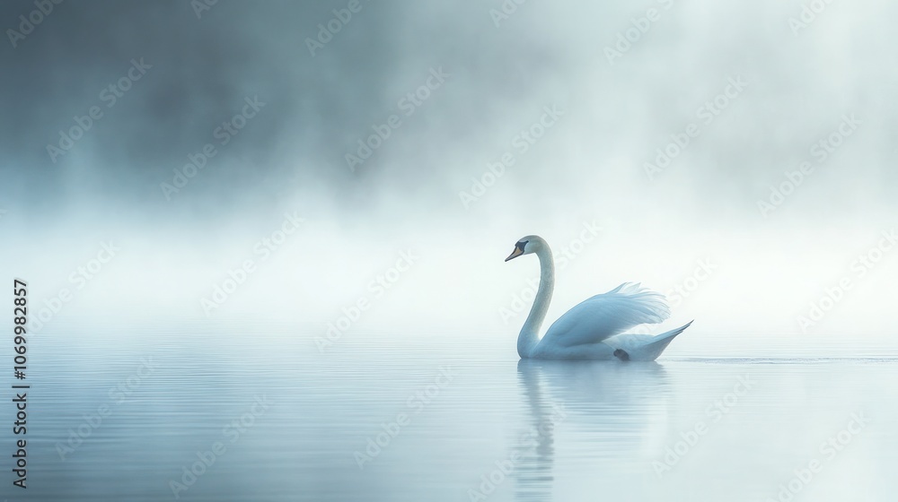 Fototapeta premium A serene swan gliding through misty waters, creating a tranquil atmosphere.