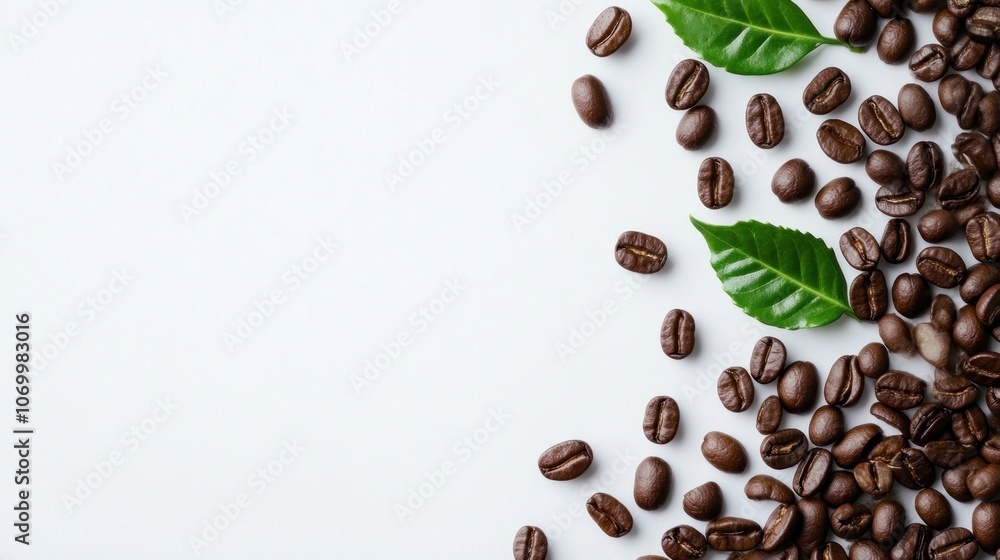 Coffee beans scattered with green leaves on a white background, emphasizing freshness. Coffee beans scattered with green leaves on a white background, emphasizing freshness.