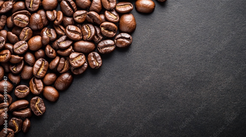 A close-up of roasted coffee beans scattered on a dark surface. A close-up of roasted coffee beans scattered on a dark surface.
