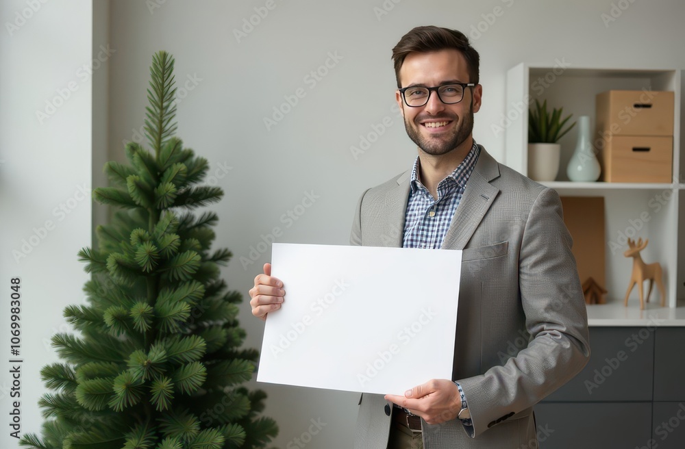 Man in office on Christmas tree decorated background Man in office on Christmas tree decorated background
