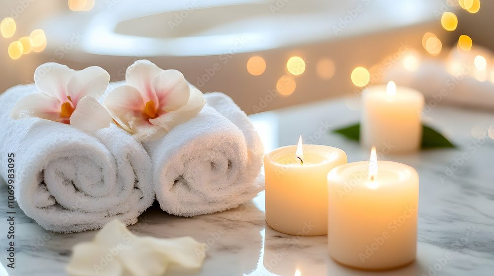 Two white towels, two lit candles, and two orchid flowers are on a marble surface. The background is a blurry image of a bathroom with a bathtub and string lights. Two white towels, two lit candles, and two orchid flowers are on a marble surface. The background is a blurry image of a bathroom with a bathtub and string lights.