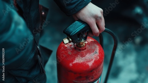 A person's hand operating a red fire extinguisher, focusing on the handle and nozzle, ready for emergency use. Safety and preparedness are highlighted. photo