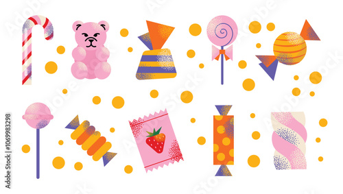 Assorted colorful candies, lollipops, gummies, and sweets with various shapes isolated on a white background. Flat vector illustration. Confectionery, dessert, and sweet treats concept.