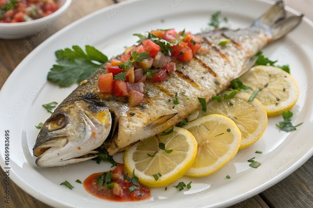 Grilled fish served with lemon and salsa, garnished with fresh herbs. A delightful dish for seafood lovers Grilled fish served with lemon and salsa, garnished with fresh herbs. A delightful dish for seafood lovers