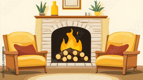 Two yellow armchairs with red pillows face a lit fireplace with logs burning in a cozy living room. photo