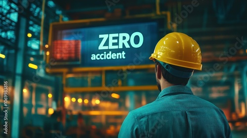 A worker in a yellow hard hat looks at a "ZERO accident" sign in an industrial setting, emphasizing safety and accident prevention on site.