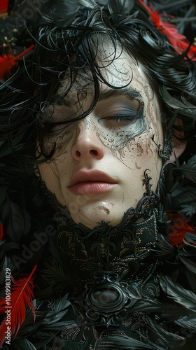 Close-up Portrait of a Woman with Feathers and Intricate Jewelry