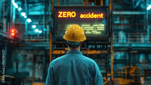A worker in a hard hat facing an industrial scoreboard displaying 