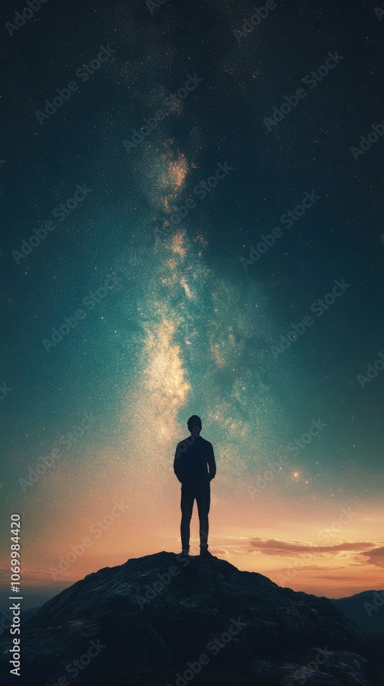 Fototapeta premium Silhouette of a person gazing at a starry sky during twilight.