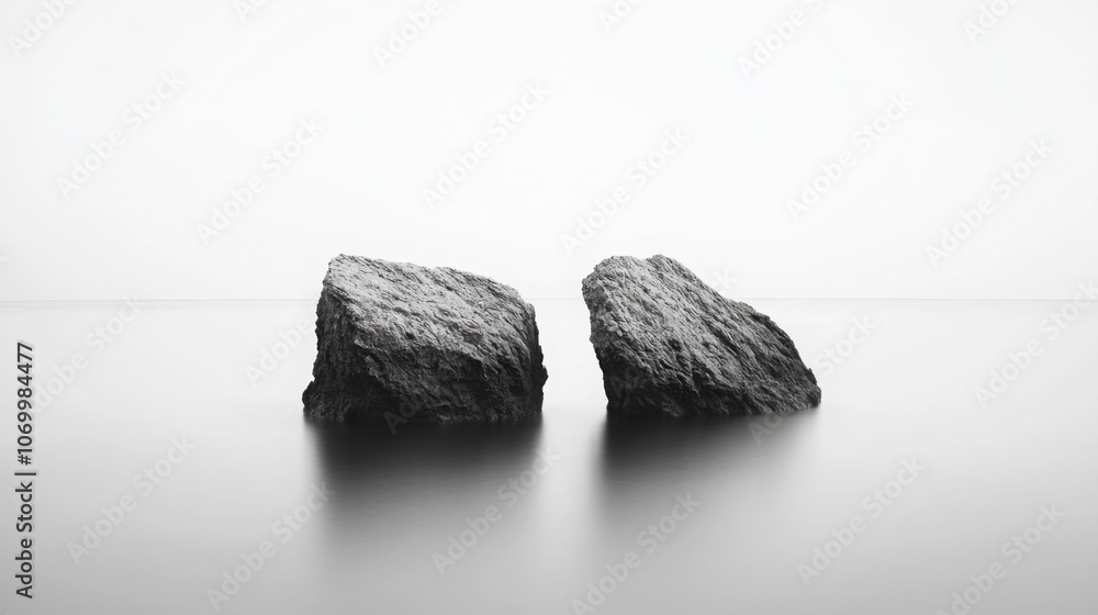 Two rocks on calm water, minimalistic black and white composition, serene environment. Two rocks on calm water, minimalistic black and white composition, serene environment.