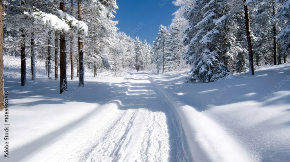 The image depicts a tranquil winter landscape featuring a snowy path winding through a dense forest of coniferous trees. The snow blankets the ground The image depicts a tranquil winter landscape featuring a snowy path winding through a dense forest of coniferous trees. The snow blankets the ground