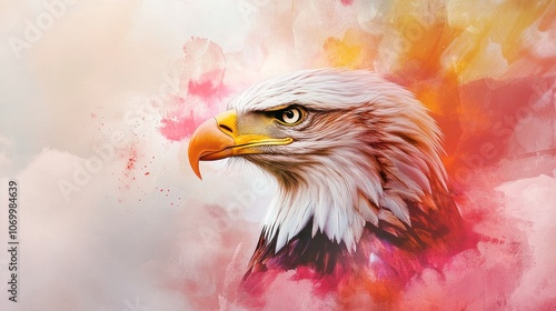 A vibrant artistic depiction of an eagle's head against a colorful abstract background.