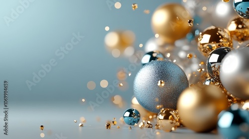 An artistic composition of colorful ornaments in gold, silver, and blue tones scattered playfully against a soft, blurred background. The shiny surfac photo