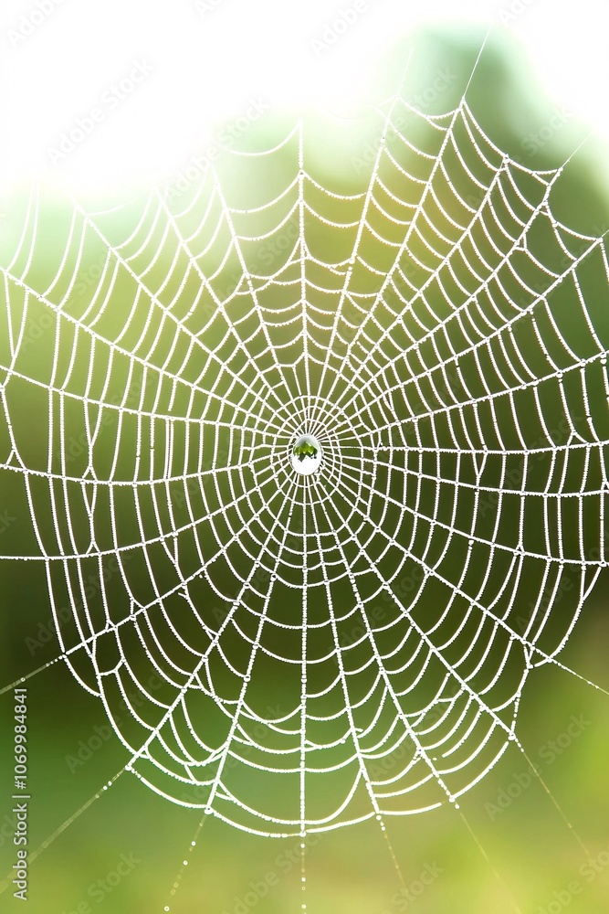 Fototapeta premium Macro photograph of a raindrop on a delicate spider web, captured against a blurred natural background, ideal for copy space.