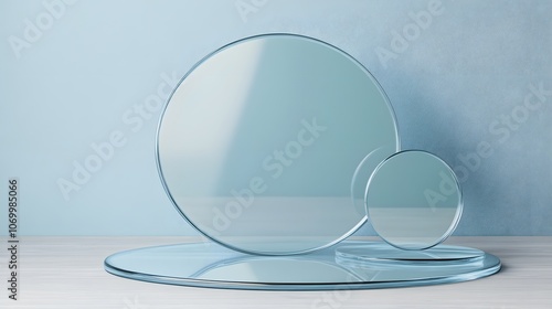 3D blue podium stand with circle glass backdrop is perfect for modern interior concept product display mockups. The stand is set on a floor and soft blue background