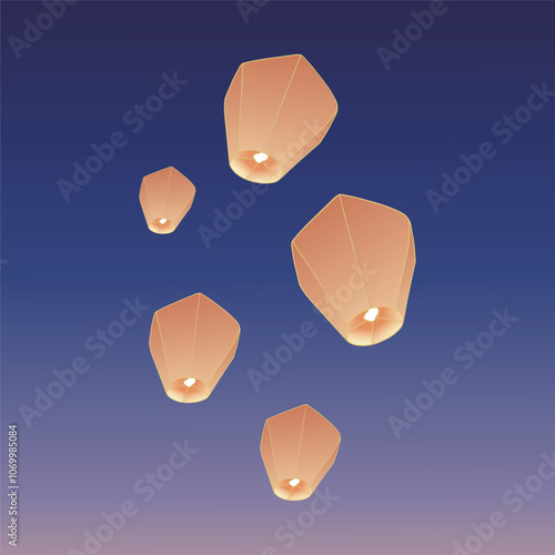 Chinese traditional sky lantern illustration. Traditional Chinese festival lanterns.