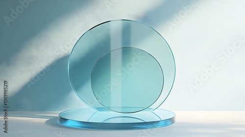 3D blue podium stand with circle glass backdrop is perfect for modern interior concept product display mockups. The stand is set on a floor and soft blue background