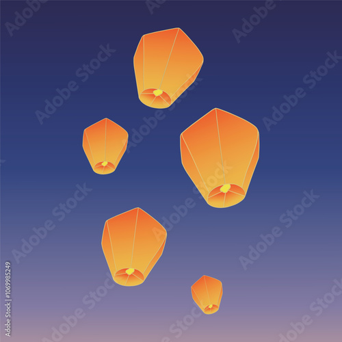 Chinese traditional sky lantern illustration. Traditional Chinese festival lanterns.