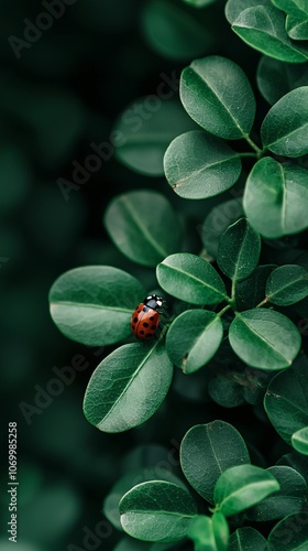 Close-up of a ladybug resting on a green leaf, with the natural textures in focus and the background fading to create copy space.