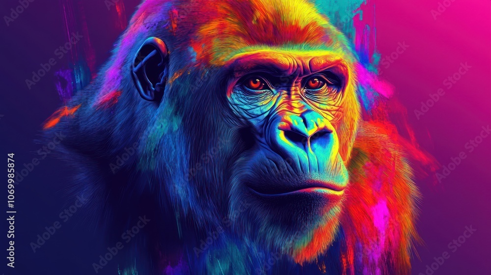 A vibrant, artistic depiction of a gorilla's face with colorful splashes. A vibrant, artistic depiction of a gorilla's face with colorful splashes.
