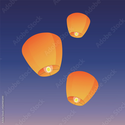 Chinese traditional sky lantern illustration. Traditional Chinese festival lanterns.
