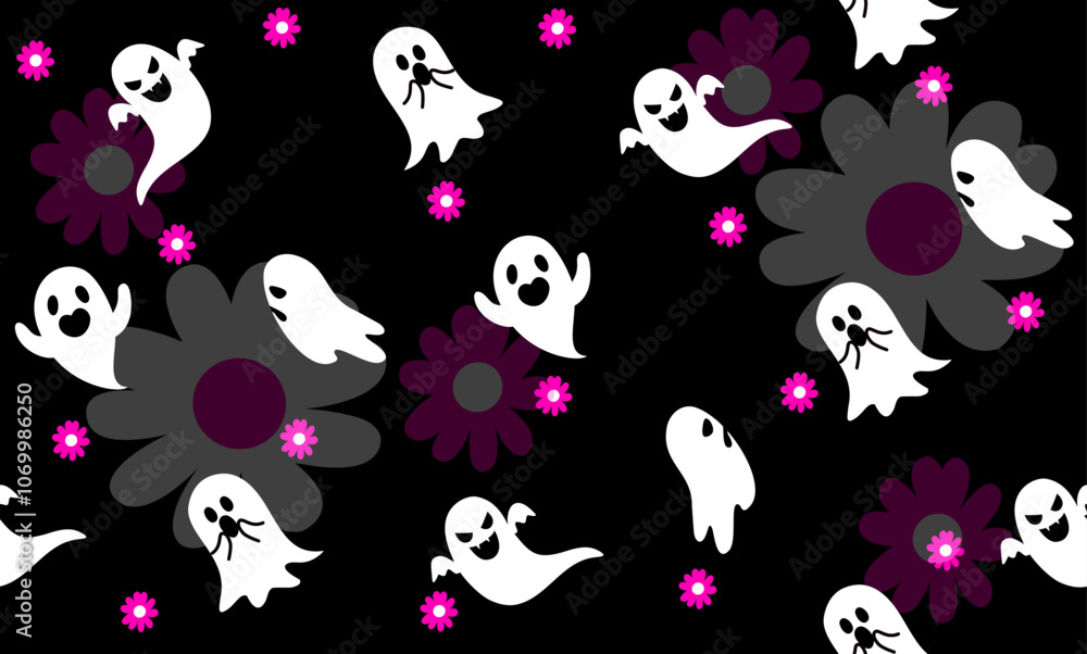 Seamless pattern halloween theme of floral ghost cartoon. Dark cute ghost pattern for fabric and wrapping paper. Pattern for design wallpaper and fashion prints. Seamless pattern halloween theme of floral ghost cartoon. Dark cute ghost pattern for fabric and wrapping paper. Pattern for design wallpaper and fashion prints.