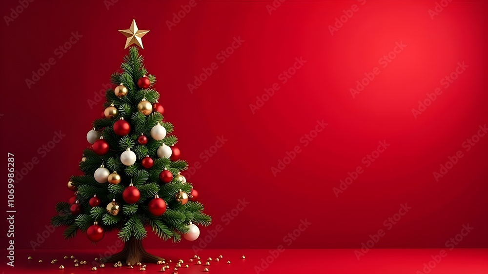 Christmas tree on red studio background with space for text Christmas tree on red studio background with space for text