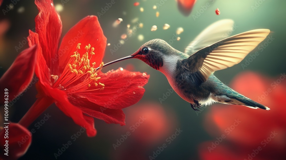 Naklejka premium A close-up of a hummingbird feeding from a bright red flower