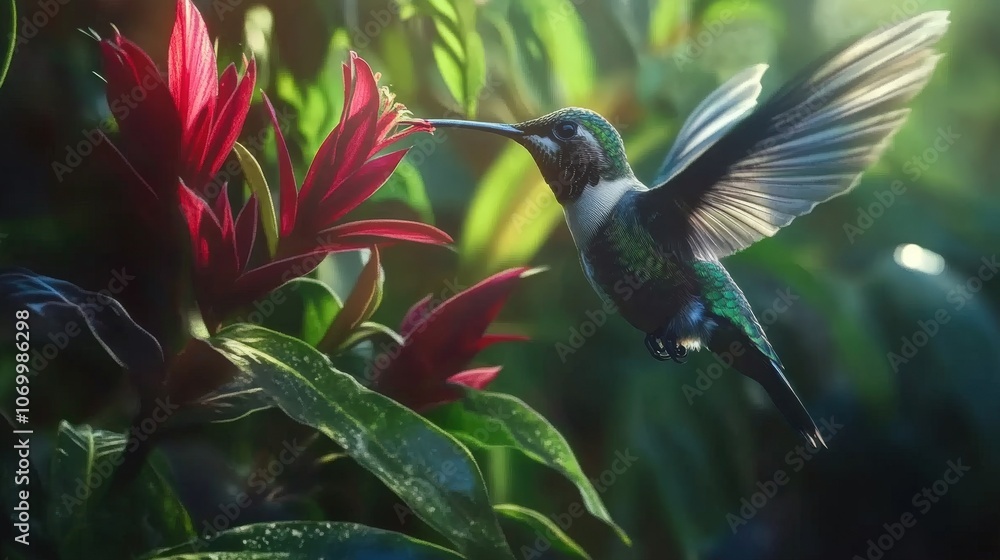 Naklejka premium A close-up of a hummingbird feeding from a bright red flower