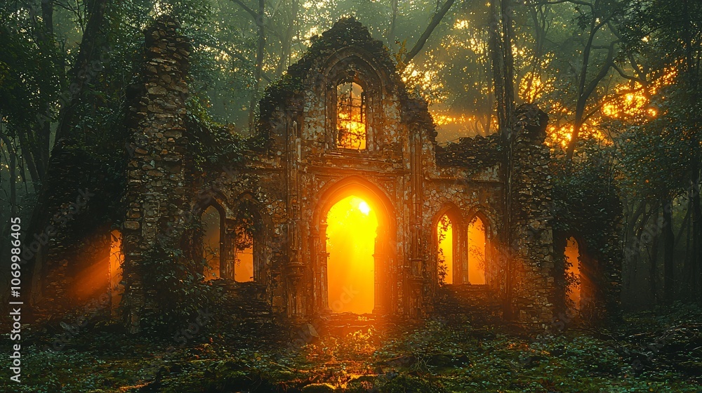 Obraz premium Sunlit Ruins in a Misty Forest
