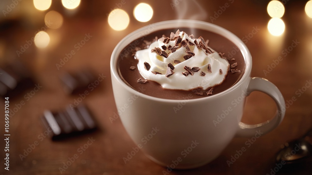 A cup of steaming hot chocolate topped with whipped cream and shaved chocolate A cup of steaming hot chocolate topped with whipped cream and shaved chocolate