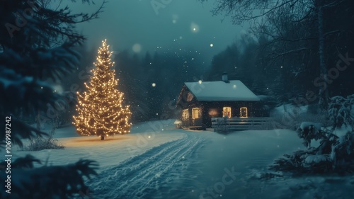 Cozy wooden cabin with light in windows in a snowy winter forest with a christmas tree. Evening photo