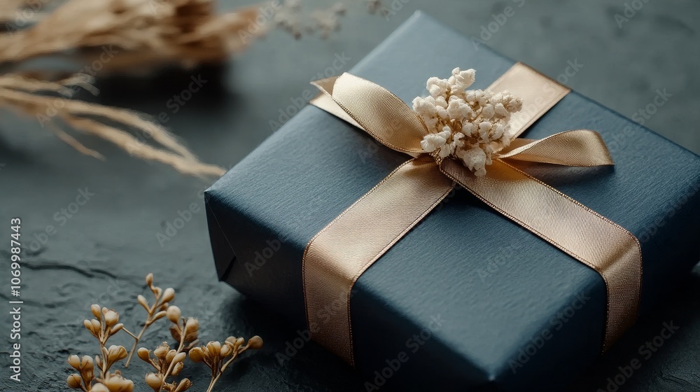 The image features a square gift box wrapped in dark teal paper, adorned with a golden ribbon and a small cluster of white dried flowers on top. The b The image features a square gift box wrapped in dark teal paper, adorned with a golden ribbon and a small cluster of white dried flowers on top. The b