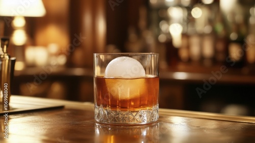 A glass of whiskey on the rocks with a single large ice cube, set against a wooden bar counter