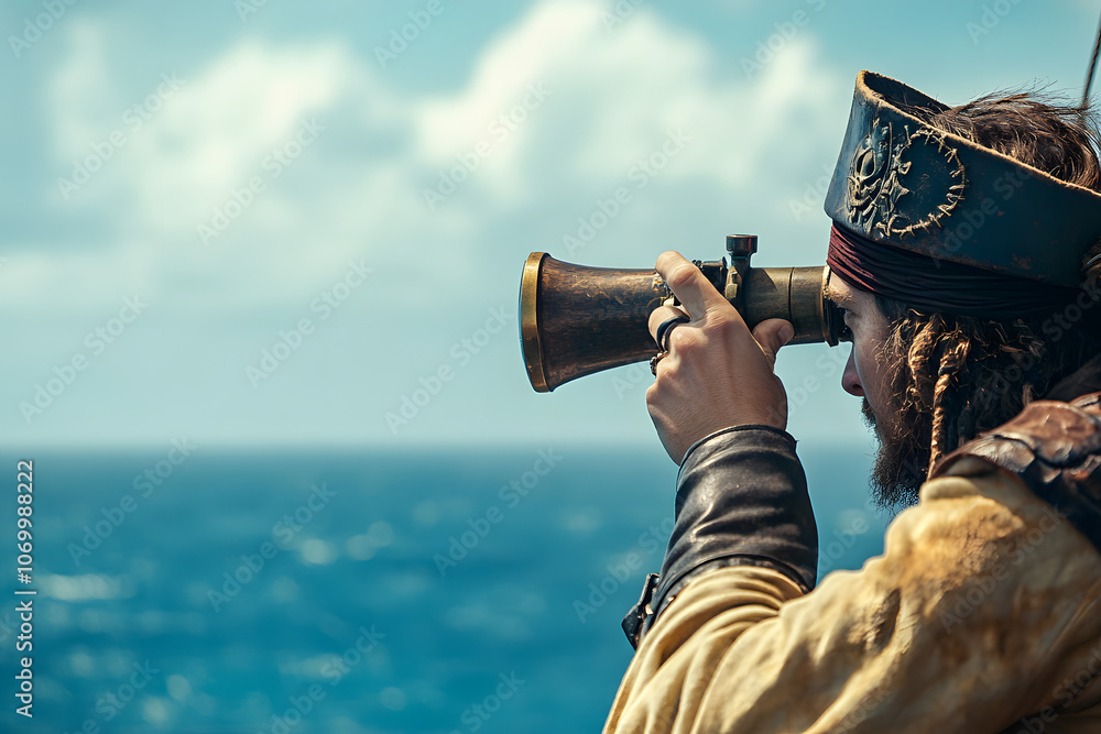 Obraz premium Pirate Lookout with Spyglass Scouting from Crow's Nest blue background