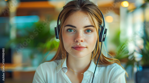 A young and attractive employee with headphones