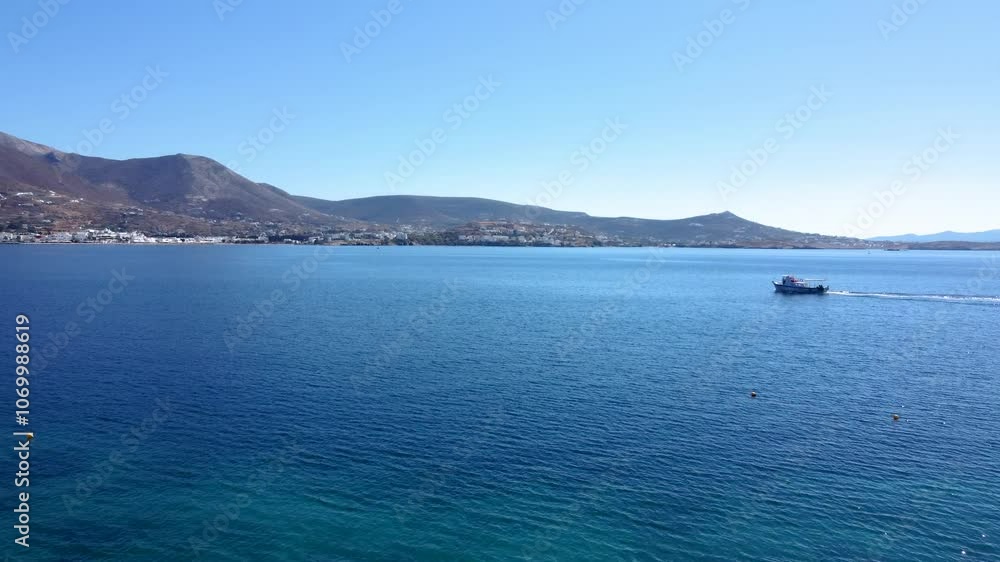 Aerial of Arriving Touristic Tour Boat in Paros Bay, Greece