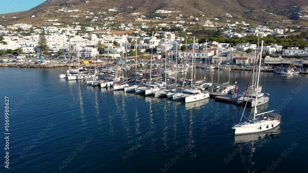 Aerial Orbit View over Parikia Marine full of Moored Sailing Boats, Greece Aerial Orbit View over Parikia Marine full of Moored Sailing Boats, Greece