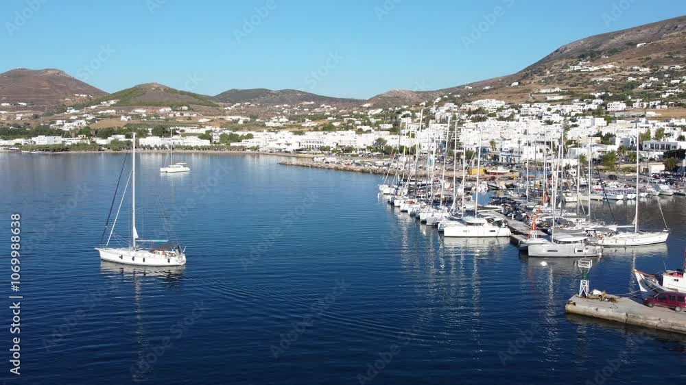 Aerial Revealing over Parikia Marina full of Sailing Boats, Greece Aerial Revealing over Parikia Marina full of Sailing Boats, Greece