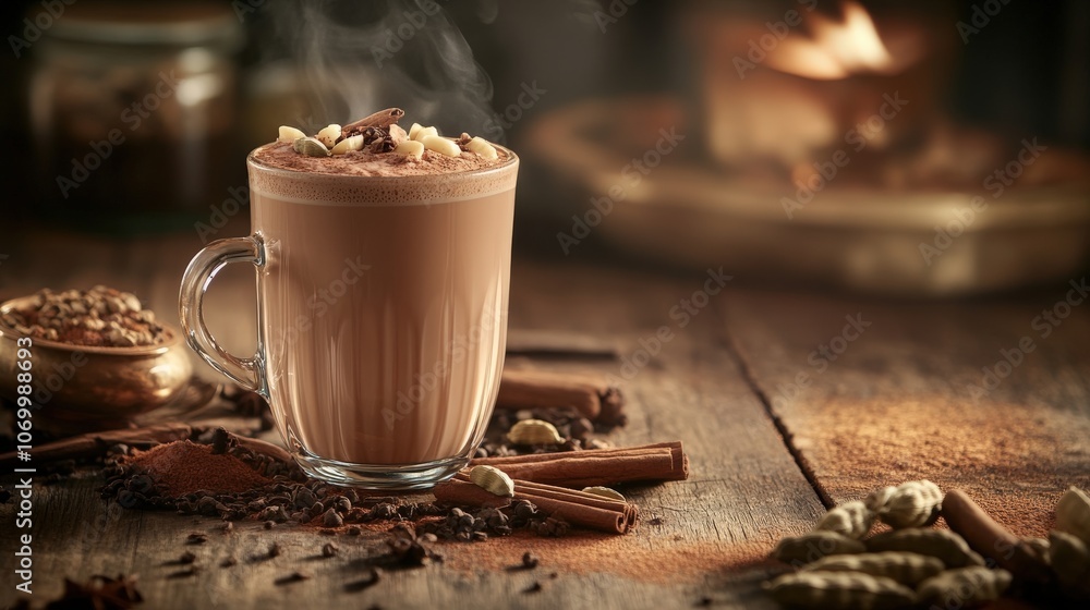 A steaming cup of chai tea with cinnamon and cardamom, placed on a wooden table A steaming cup of chai tea with cinnamon and cardamom, placed on a wooden table